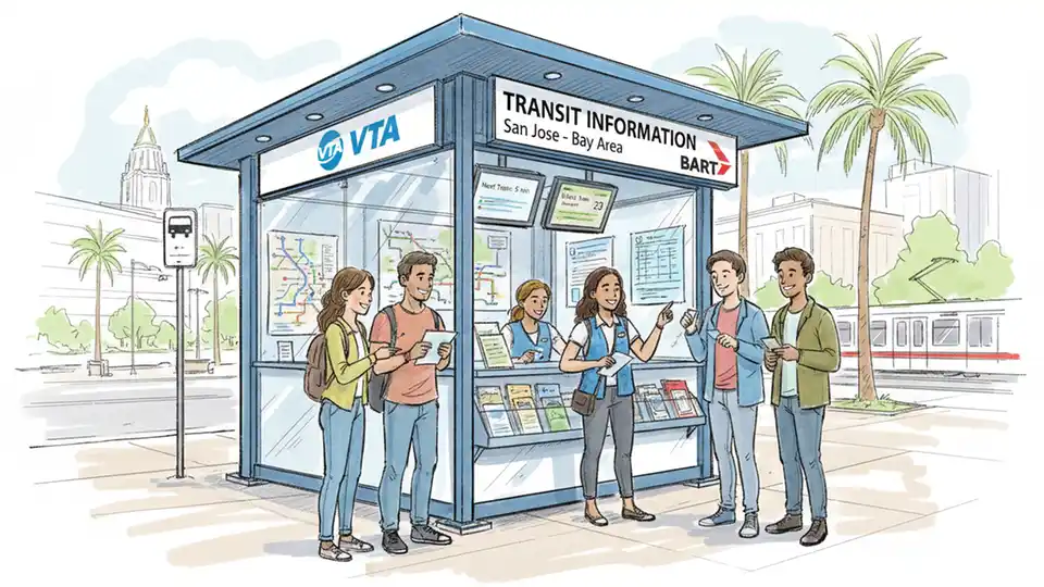 Community members gathering at outdoor transit information booth with VTA and BART materials