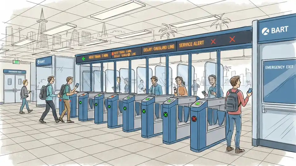 BART fare gates at station entrance with digital display showing service information and passengers entering system
