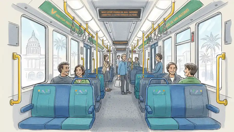 Interior of VTA light rail car showing seating area and passenger information displays