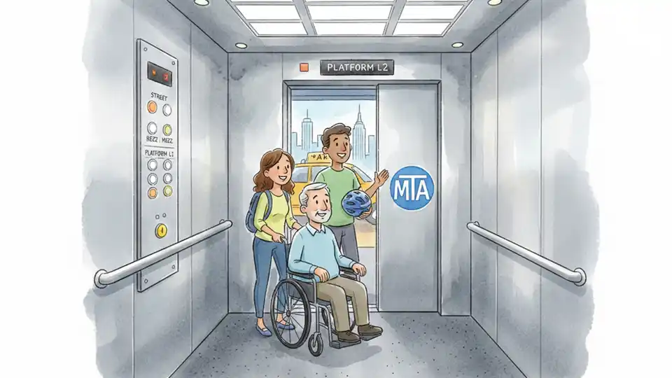 Interior view of modern subway elevator with stainless steel walls, illuminated floor buttons, and accessibility features at MTA station