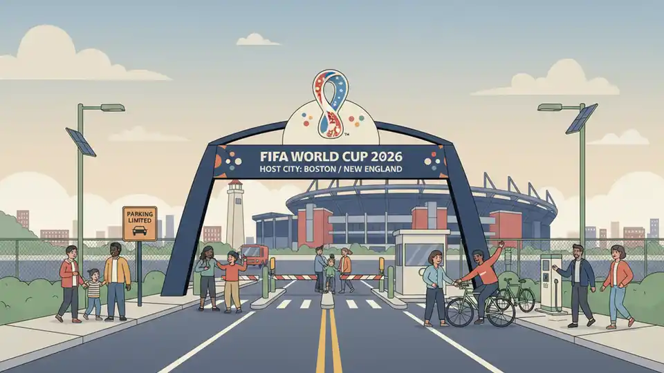 Gillette Stadium parking lot entrance with FIFA World Cup 2026 signage and limited parking notification
