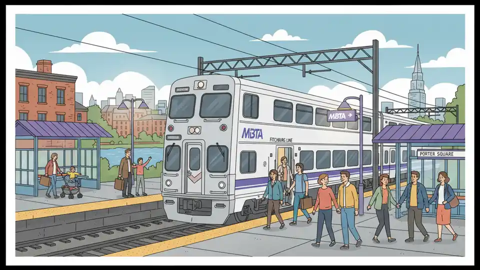 Description: MBTA commuter rail train at a platform station with passengers boarding, showing the train's exterior and station infrastructure. Alt text: MBTA commuter rail train Massachusetts public transit World Cup transportation. Composition: Side view of commuter rail train at platform level, capturing both the train cars and waiting passengers to illustrate the transit option for World Cup attendees.