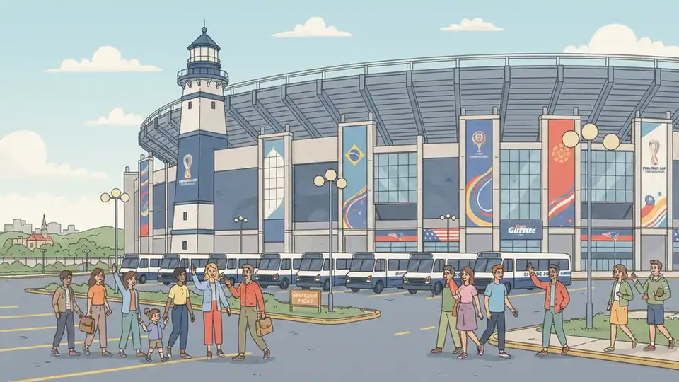 Gillette Stadium exterior with World Cup banners and shuttle buses lined up at designated pickup area