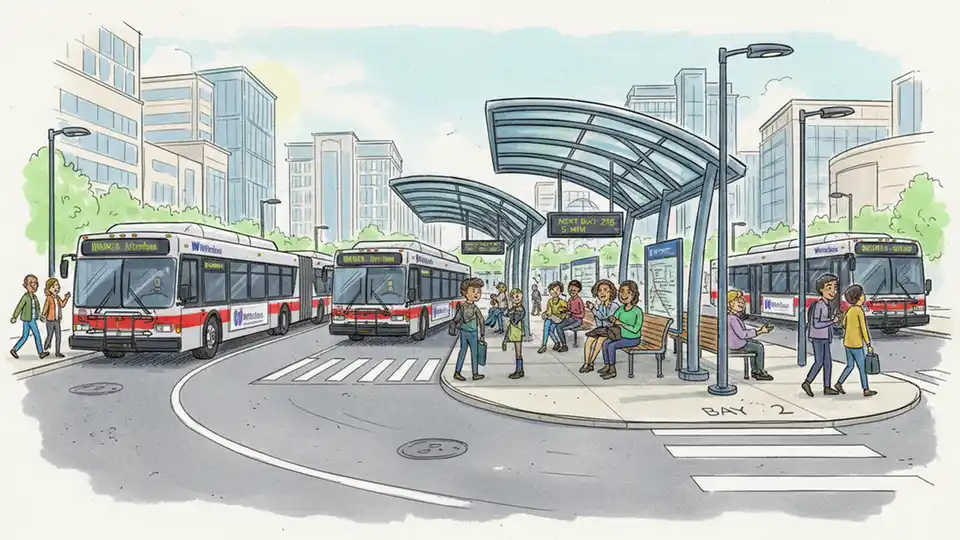 Ballston Metro station bus bay with multiple WMATA buses and covered passenger waiting area