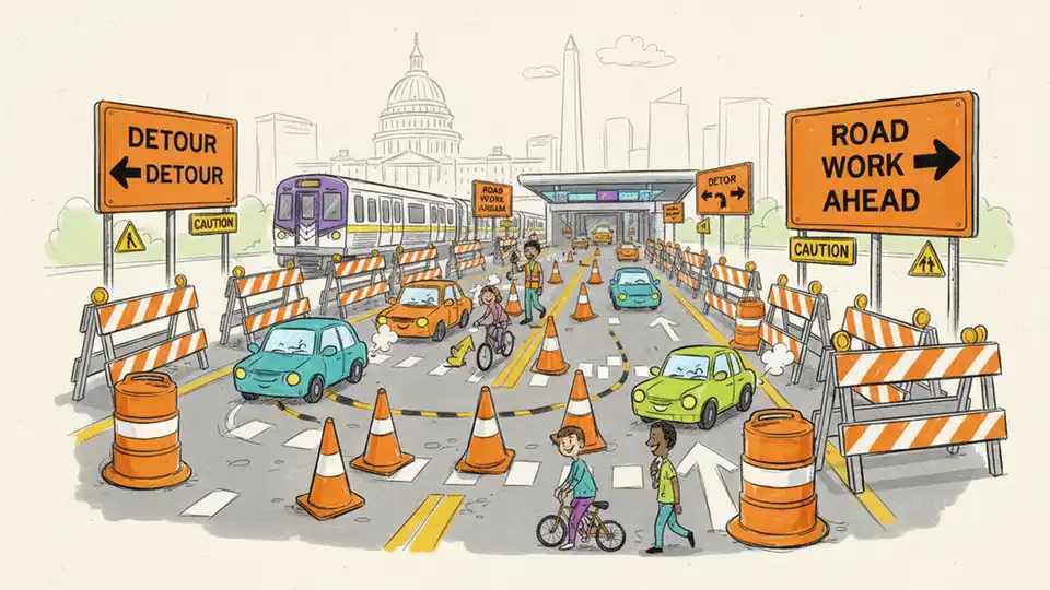 Road detour signage and construction zone barriers at metro station access road, showing directional arrows and safety cones guiding traffic during daytime construction work