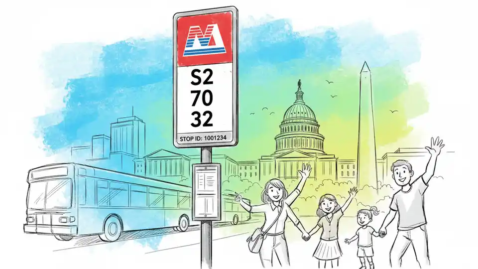 Close-up of WMATA bus stop sign with route number and stop ID posted
