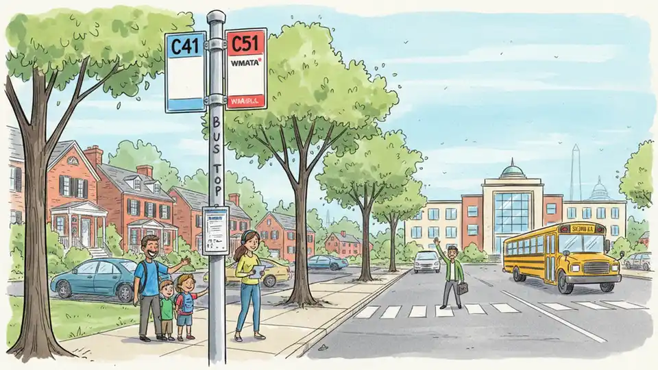 Bus stop pole with route number signs C41 and C51 on residential street near school building