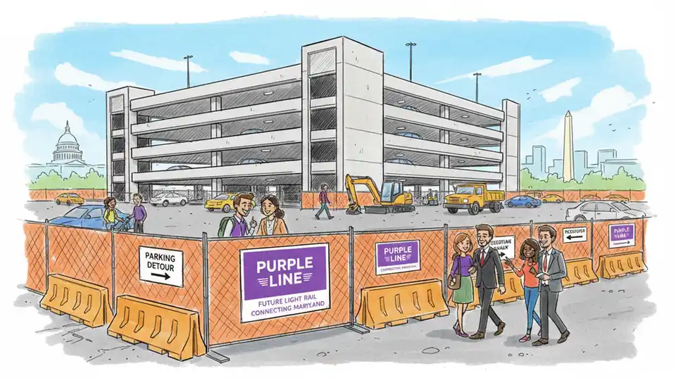 Construction barriers and signage at New Carrollton Station parking area showing Purple Line construction zone with parking garage visible in background