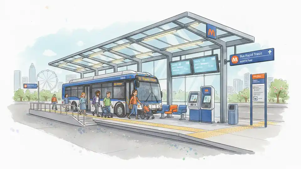 MARTA BRT station platform with level boarding design, off-board payment kiosks, covered waiting area, and real-time arrival information display