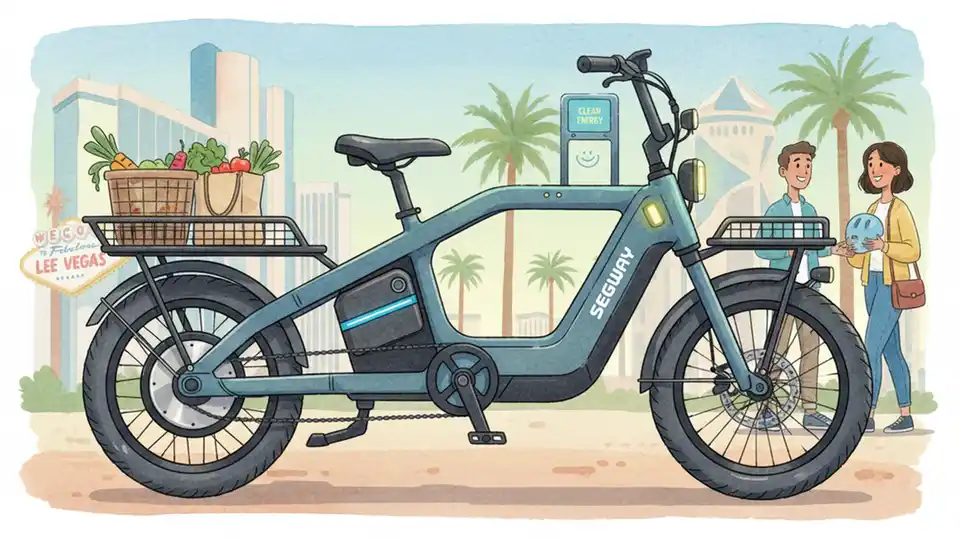 Close-up view of Segway MUXI ebike showing electric motor, battery system, and low-slung frame design with cargo area, demonstrating compact utility features for city transportation