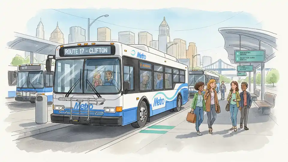 Cincinnati Metro bus at downtown transit center with passengers boarding during daytime