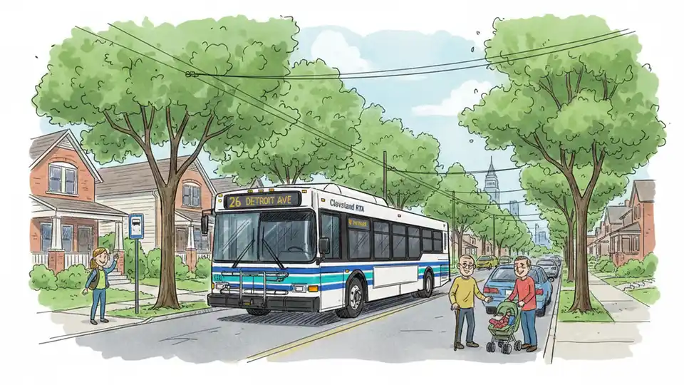 Cleveland RTA bus on urban street route serving residential neighborhood during regular service