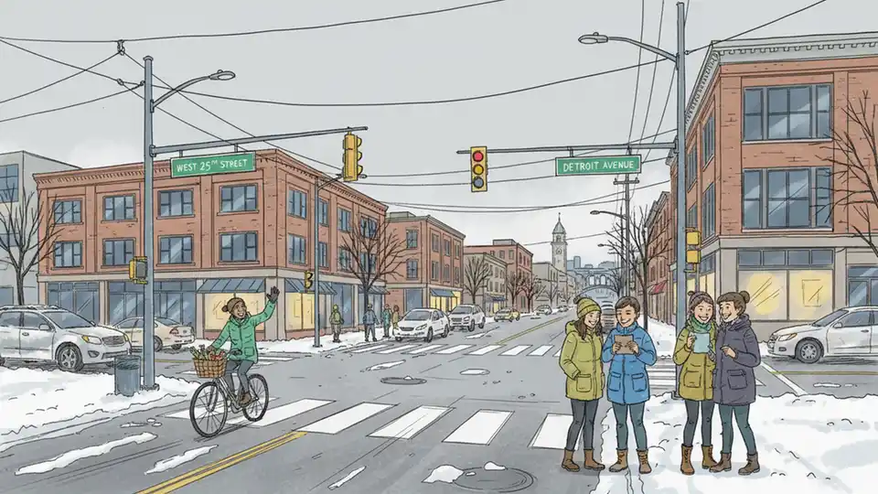 Urban intersection in Cleveland showing traffic signals and street signs at West 25th Street and Detroit Avenue with winter road conditions visible