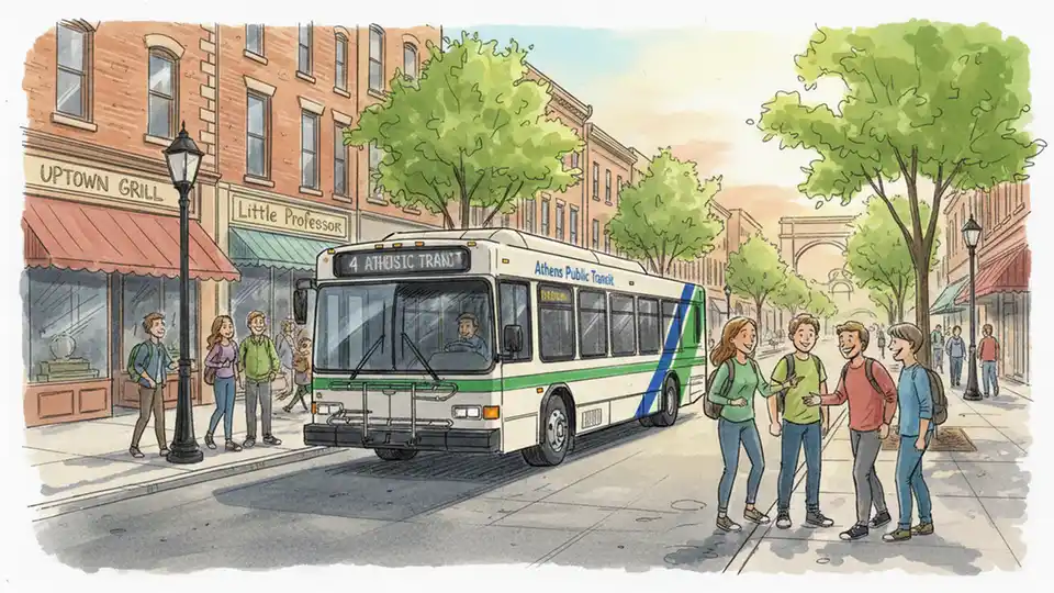 Athens public transit bus on city street with downtown buildings in background