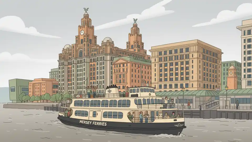 Mersey Ferry approaching Pier Head terminal Liverpool waterfront with passengers