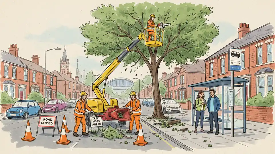 Tree maintenance equipment and workers near urban bus stop on residential street