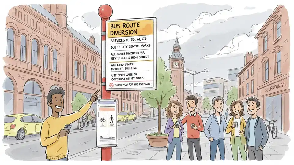 Bus route detour sign at Birmingham bus stop showing alternative route information, close-up view with route numbers visible and street scene in background