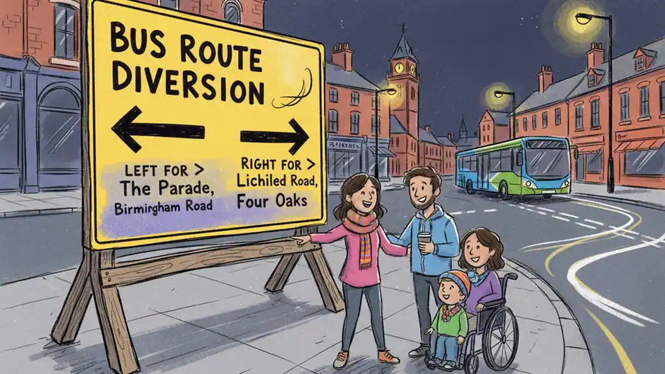 Bus route detour sign at night showing alternative directions with street names visible in Sutton Coldfield area