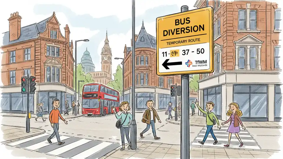 Bus route detour sign at Birmingham street intersection showing directional arrows and route numbers