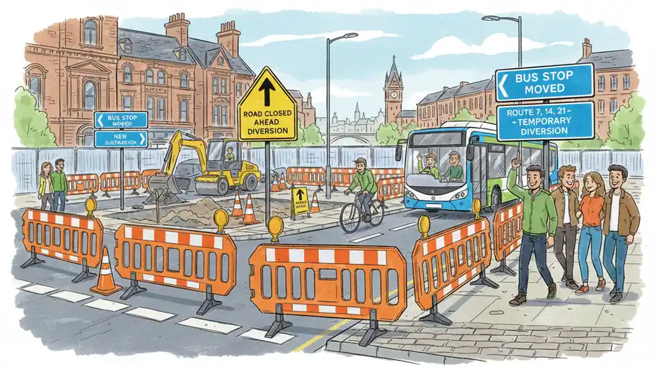 Road construction barriers and equipment on urban street with detour signs, bus route diversion signage visible in foreground