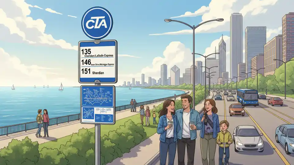 CTA bus stop sign on Inner Lake Shore Drive with route numbers 135, 146, and 151 displayed