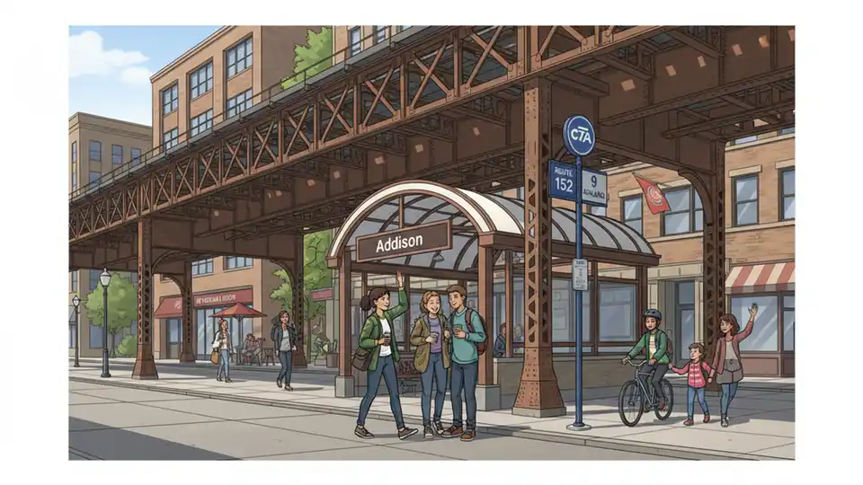 CTA Brown Line Addison station entrance with bus stop sign visible nearby