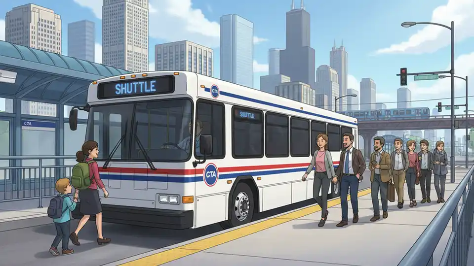 CTA shuttle bus at downtown Chicago transit station with passengers boarding