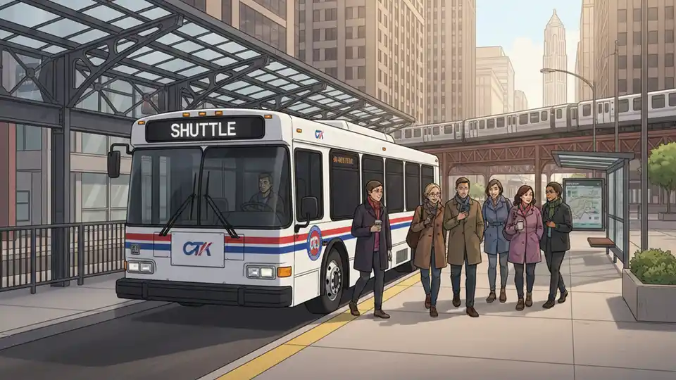 CTA shuttle bus at downtown Chicago transit station with passengers boarding