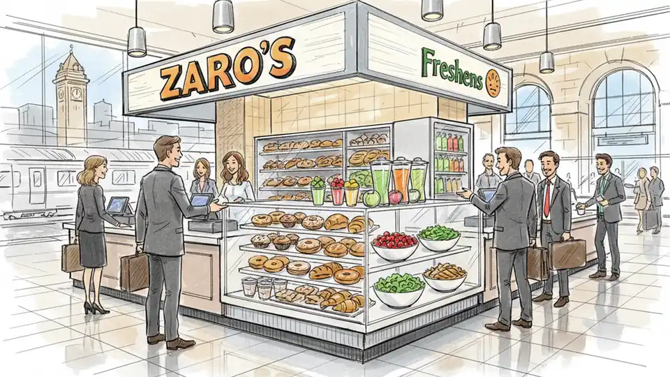 Interior of Newark Penn Station showing renovated Zaro's Bakery with Freshens concept, display cases with baked goods and healthy food options, commuters ordering at counter