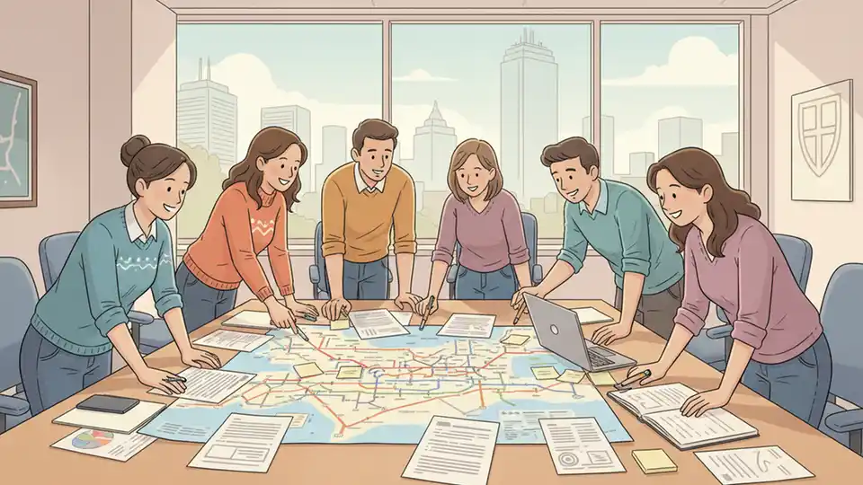 Boston University Metropolitan College students engaged in discussion during a transit planning event, with urban planning materials and transit maps visible on tables