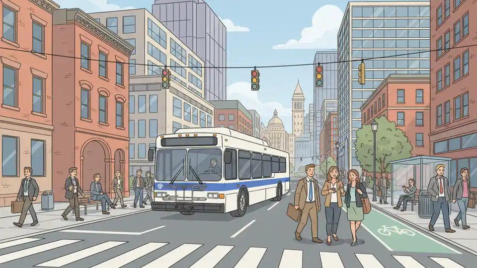 Transit bus in downtown area with modern city buildings and pedestrians visible