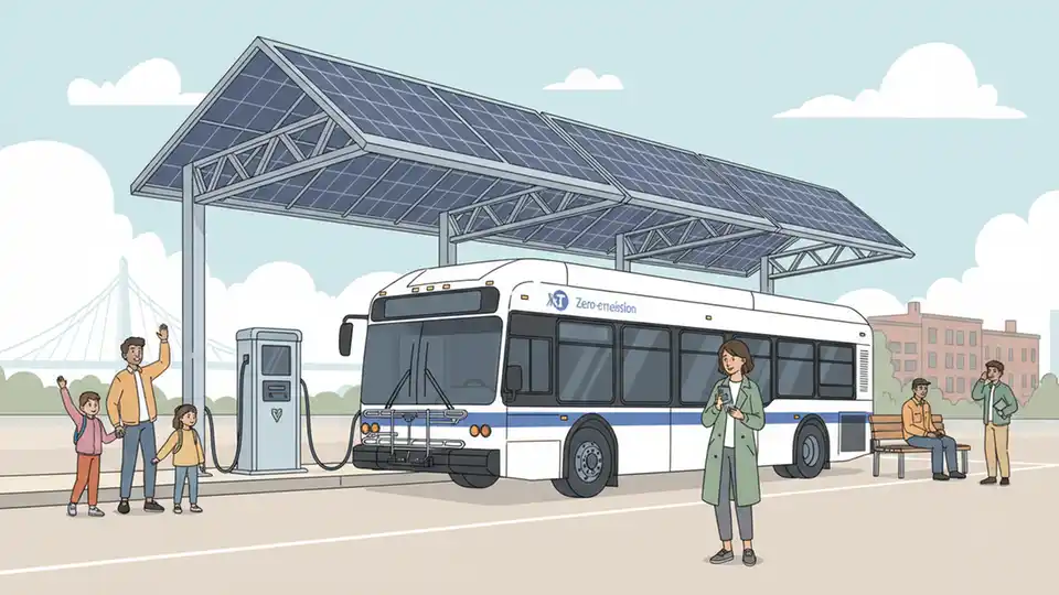 Electric MBTA bus at charging station with solar panels visible on station canopy