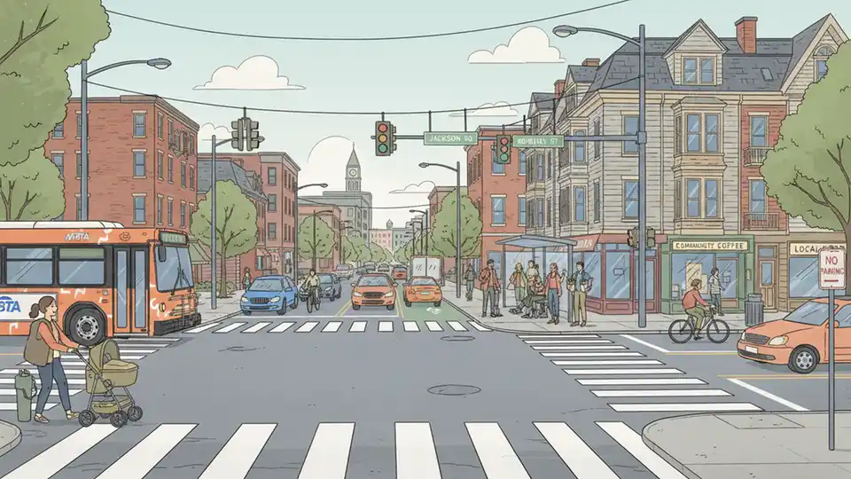 Jackson Square neighborhood street intersection in Boston with buses and mixed traffic, urban residential buildings visible