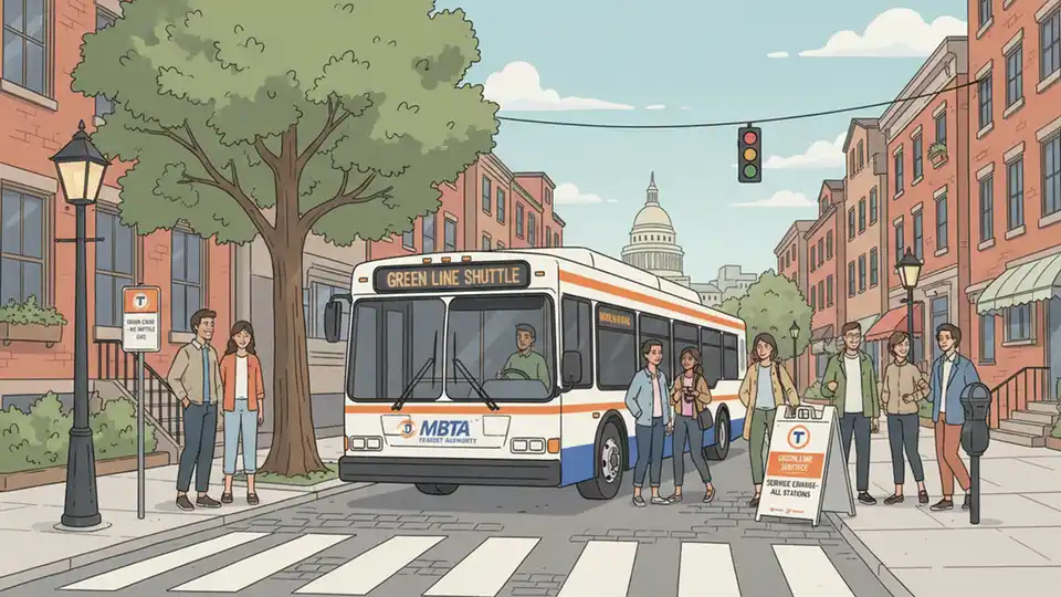 MBTA shuttle bus at Boston street stop with Green Line closure signage
