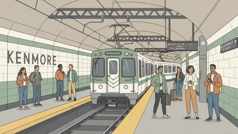 MBTA Green Line train at Kenmore station platform with overhead catenary wires visible