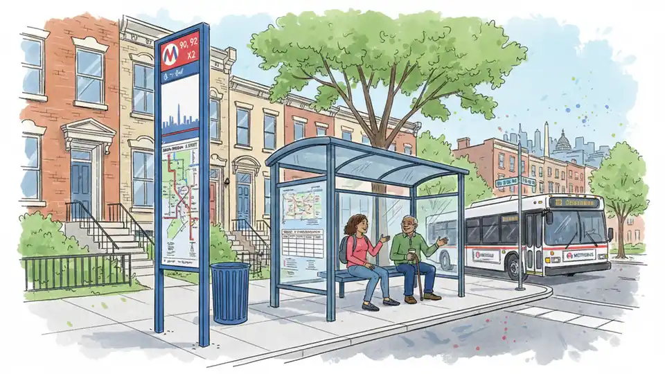 Metro bus stop with route map and schedule display in Washington D.C. neighborhood