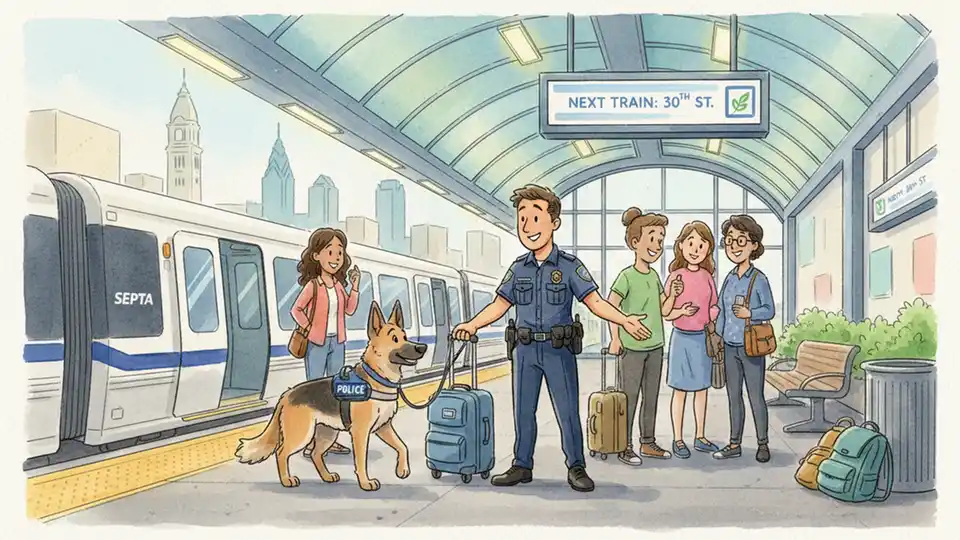 Transit police K-9 unit conducting explosive detection sweep at train station platform, police dog sniffing luggage and equipment, security operations in public transit environment