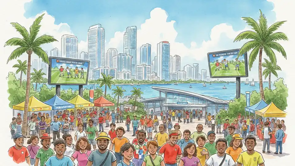 Wide-angle view of Fan Festival at urban waterfront park with large outdoor screens showing World Cup match, crowds gathered around food vendors and activity areas, with city skyline and transit station entrance visible in mid-ground