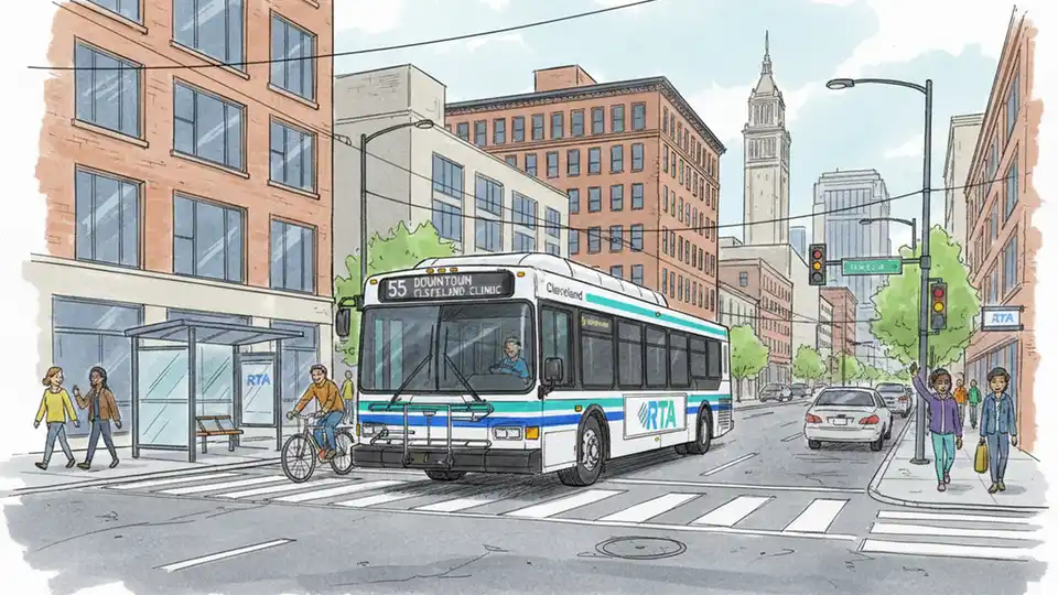 Cleveland RTA bus on urban route with route number visible, showing typical weekday service operations and street environment