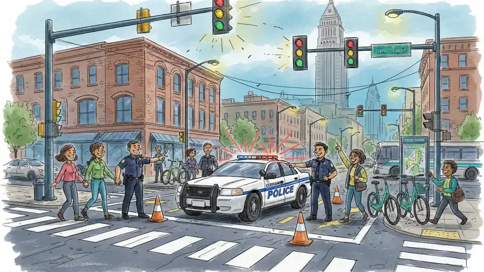 Cleveland Police Department traffic investigation scene, police cruiser with emergency lights, urban intersection with traffic signals, professional documentation angle