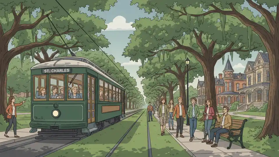New Orleans streetcar on St. Charles Avenue line approaching park area