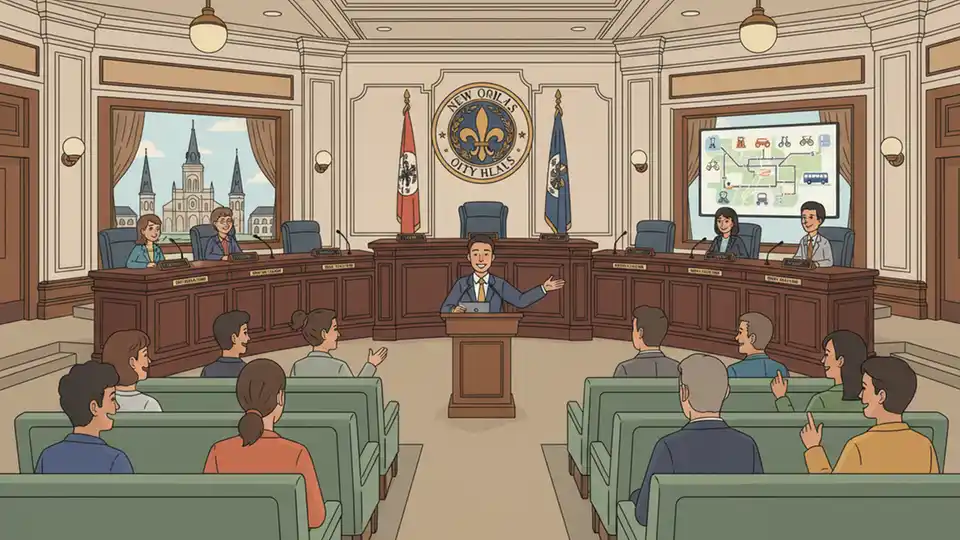New Orleans City Council chamber with council members' desks and public seating area, showing official government meeting space