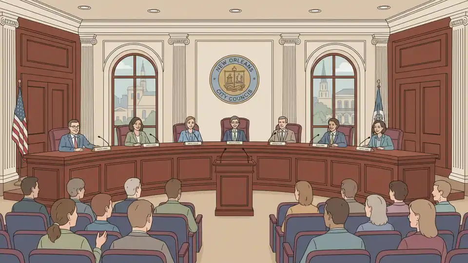 New Orleans City Council chamber with council members at dais during official meeting session