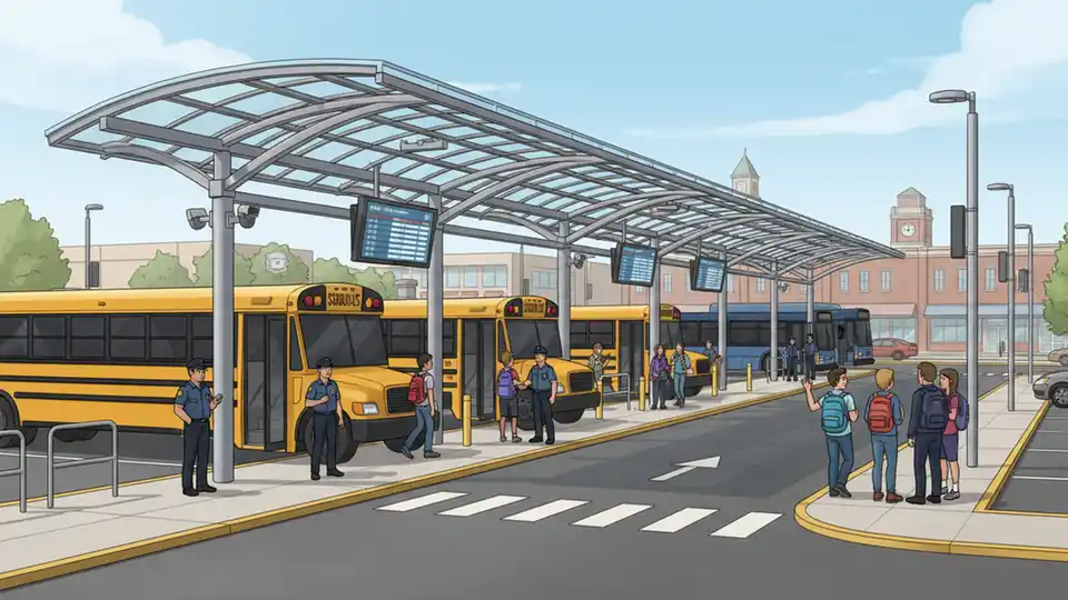 Downtown transit station entrance with security presence and students boarding buses