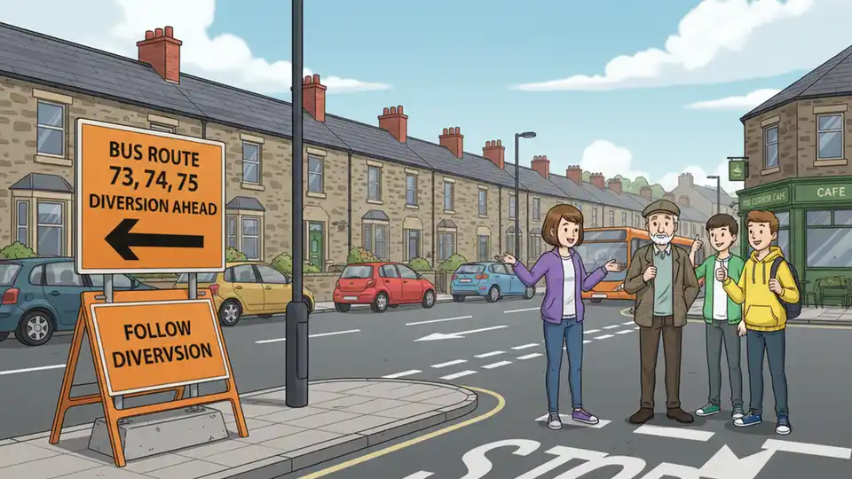 Bus route detour signage at street intersection with residential neighborhood visible
