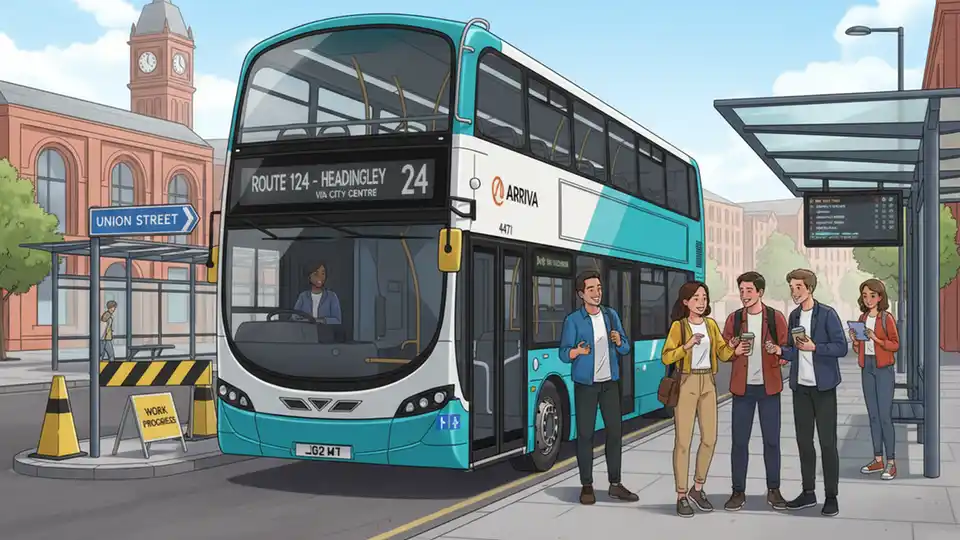 Arriva UK Bus at bus station with maintenance barriers visible in background, showing Union Street exit route with clear signage