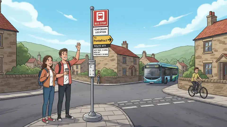 Temporary bus stop sign at street junction in Beal with directional signage for Pontefract services