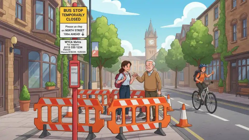 Bus stop closure sign with roadwork barriers and detour information posted