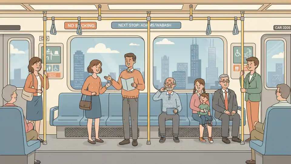 Interior of public transit train car showing passenger seating area and safety signage, typical of Illinois transit systems with clear posted regulations