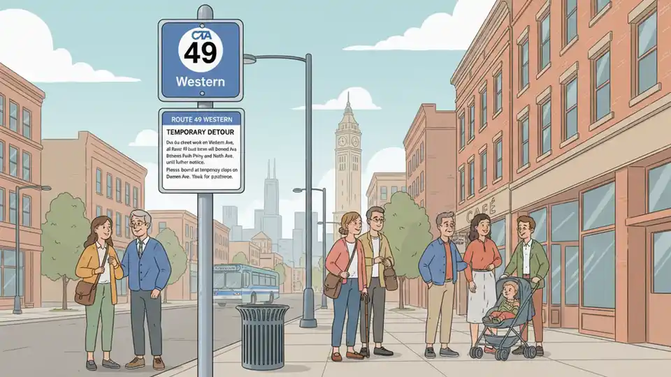 CTA bus stop sign showing route number 49 Western with service alert posted